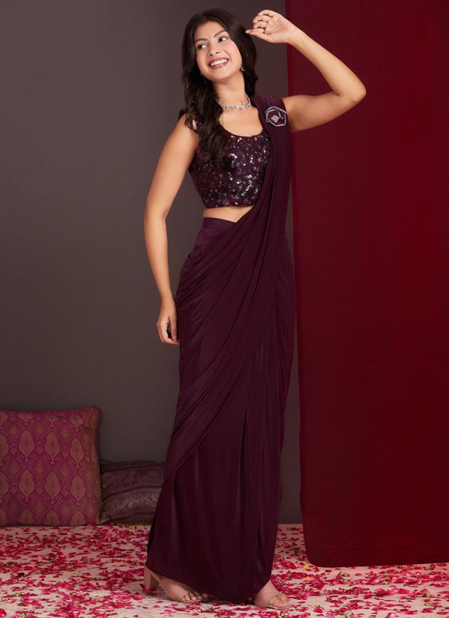 Silk Wine Party Wear Embroidery Work Ready To Wear Saree